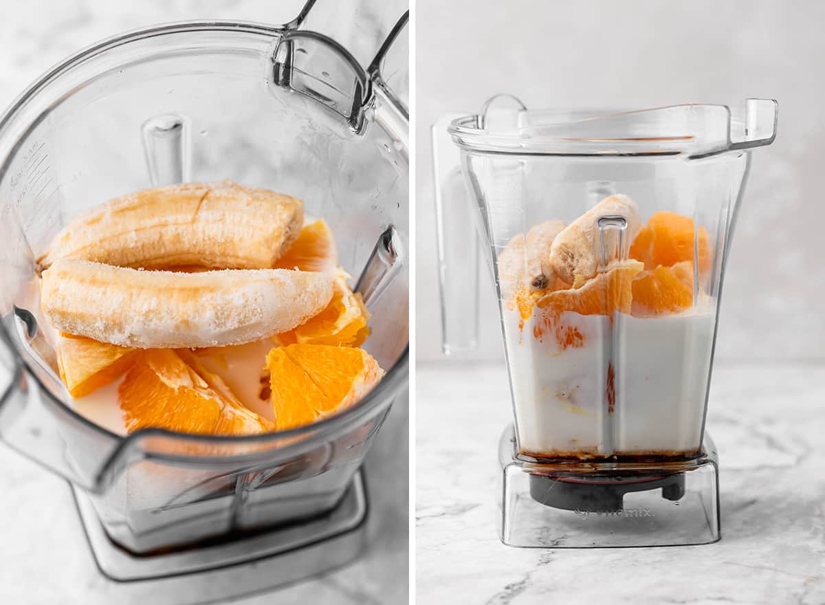 two photos showing how to make this Orange Smoothie Recipe in a Vitamix blender - before blending. 
