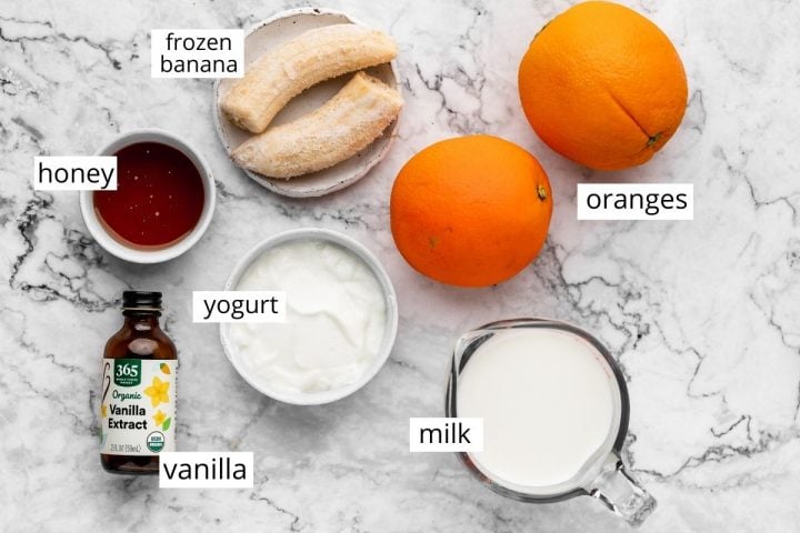 overhead view of the ingredients in this Orange Smoothie Recipe