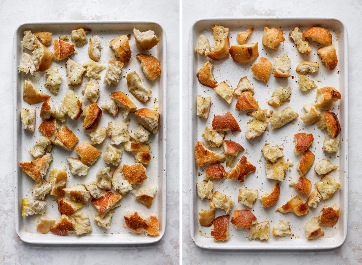 two photos showing how to make Panzanella Salad - toasting bread