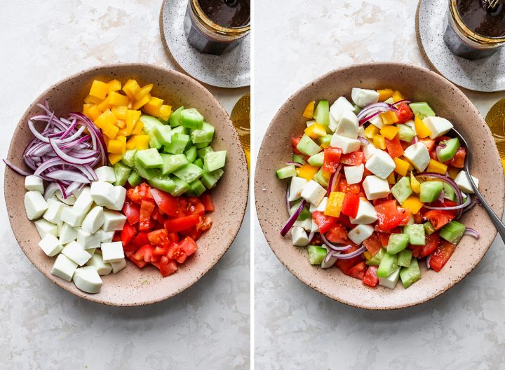 two photos showing how to make panzanella salad
