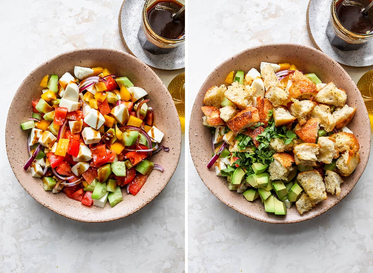 two photos showing how to make Panzanella Salad Recipe