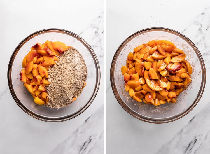 two photos showing How to Make Peach Crumble - combining peaches with dry ingredients