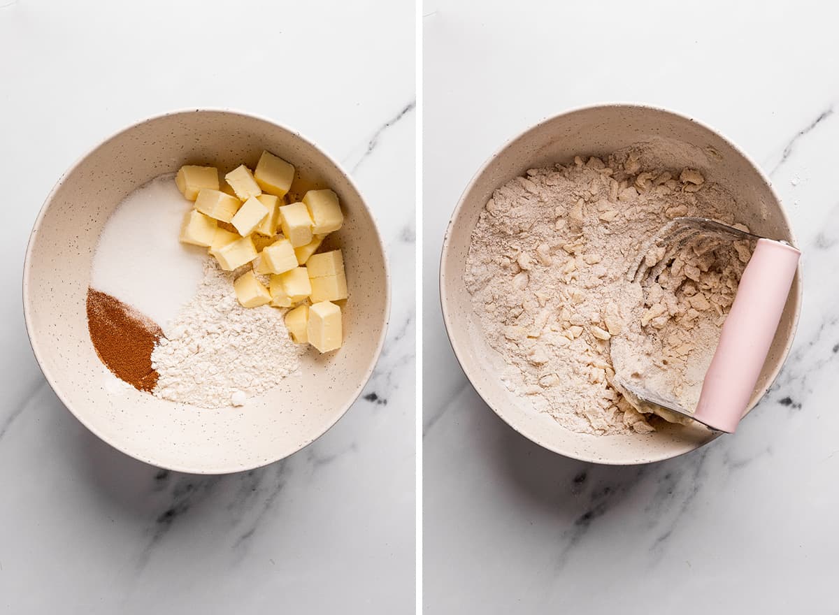 two photos showing How to Make Peach Crumble - making the crumble topping