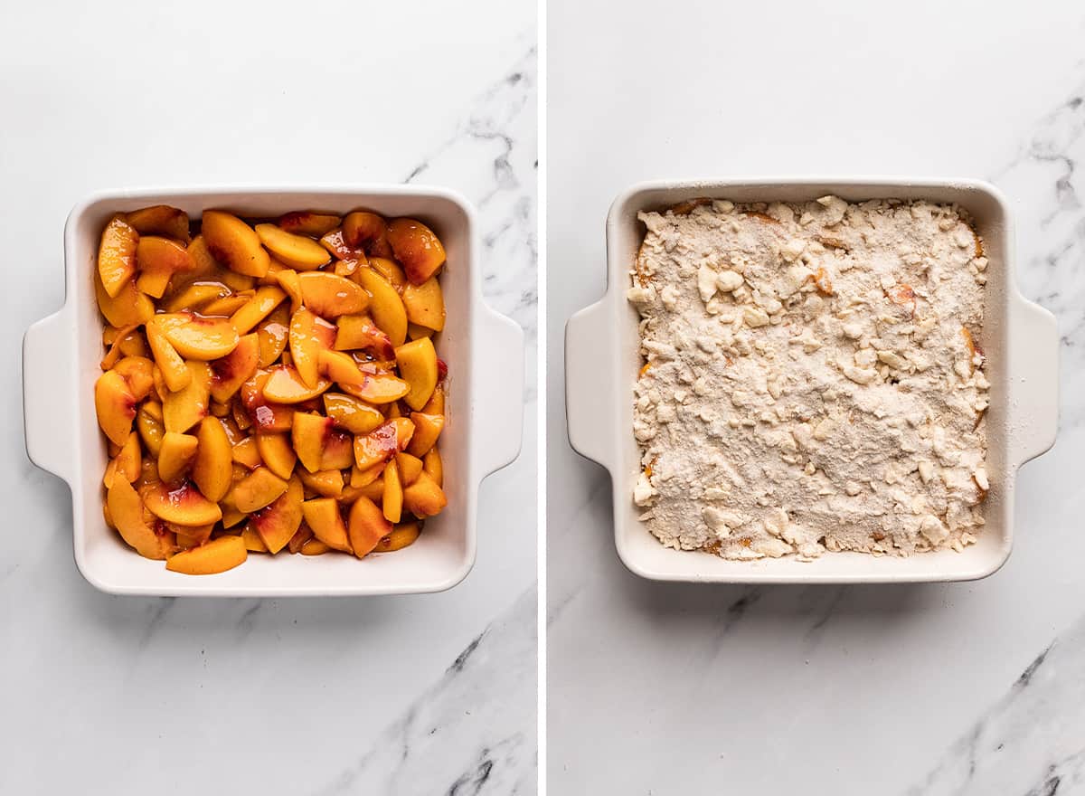 two photos showing How to Make Peach Crumble - peach layer in a baking sheet, then topped with topping before baking