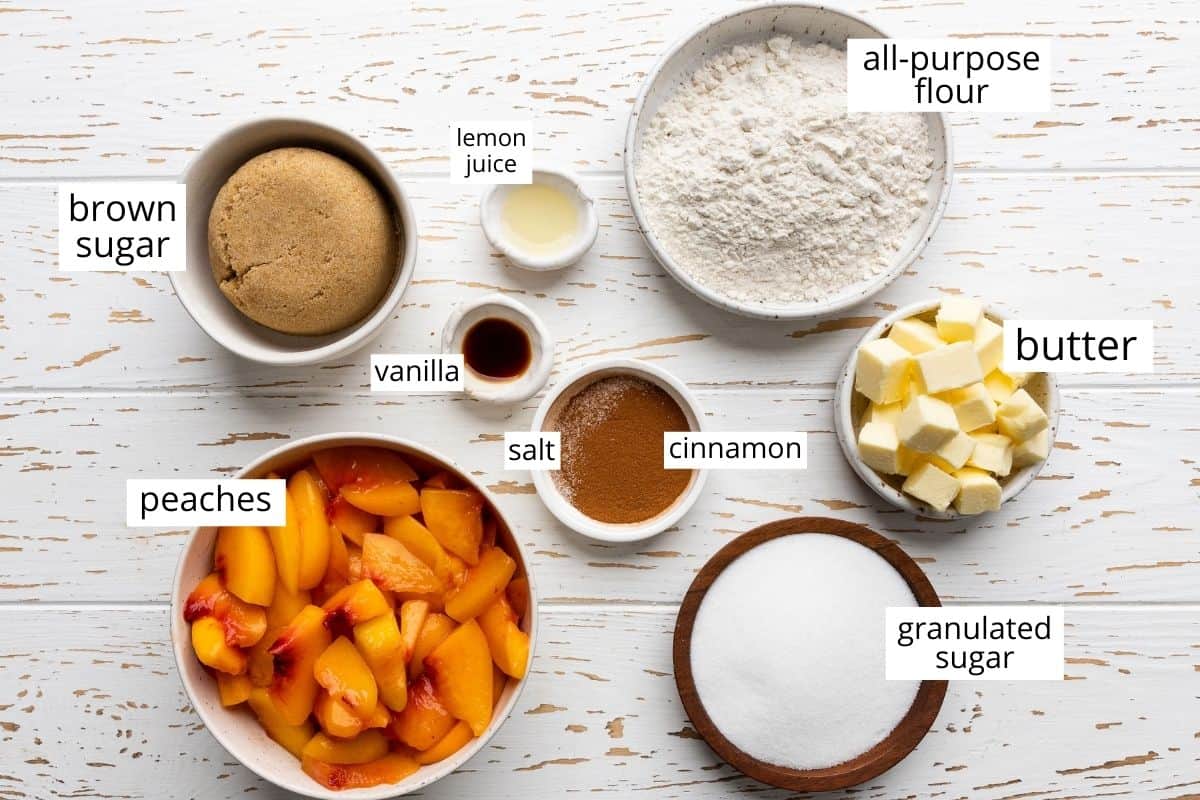 overhead view of the ingredients in this peach crumble recipe