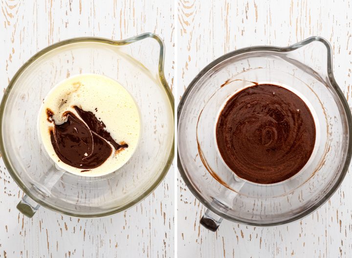 two photos showing how to make caramel brownies - adding chocolate mixture
