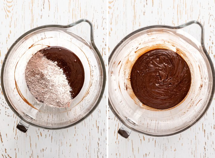 two photos showing how to make caramel brownies - adding dry ingredients