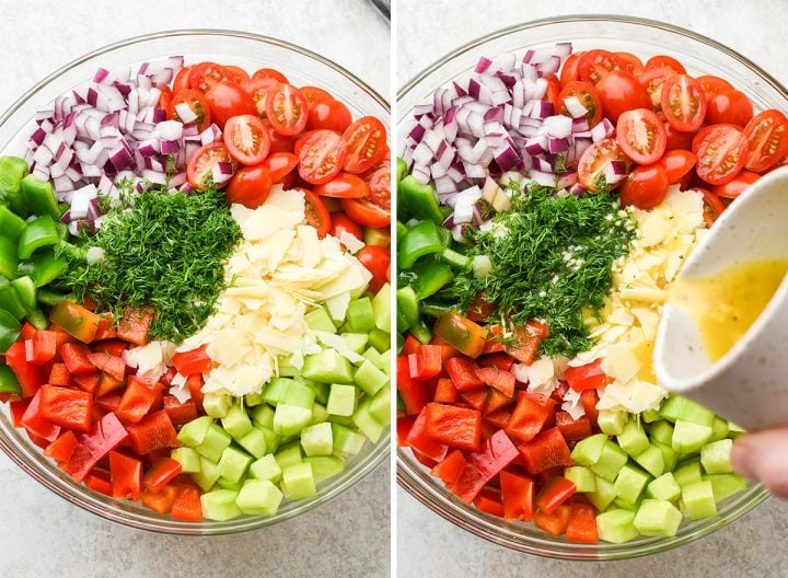 two photos showing how to assemble this summer pasta salad