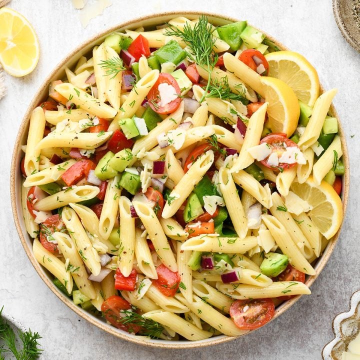 Lemon Summer Pasta Salad in a large serving bowl