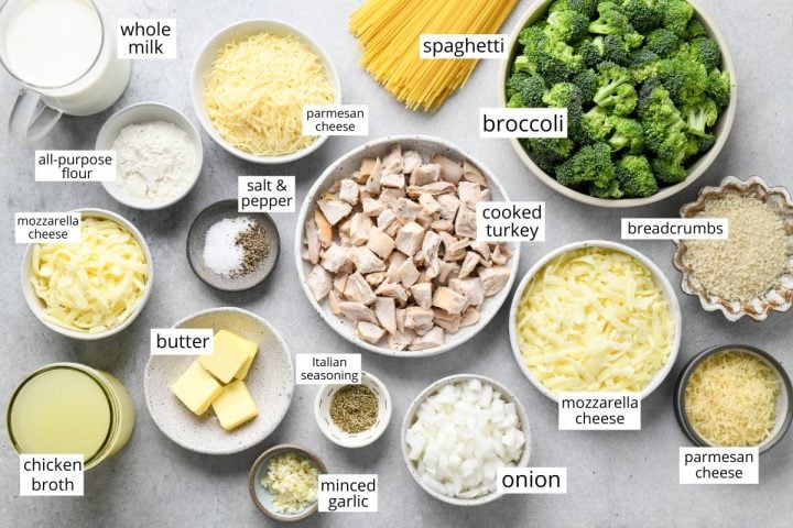 overhead photo of the ingredients in this Turkey Tetrazzini recipe