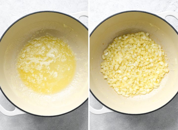 two photos showing how to make turkey tetrazzini - making the sauce