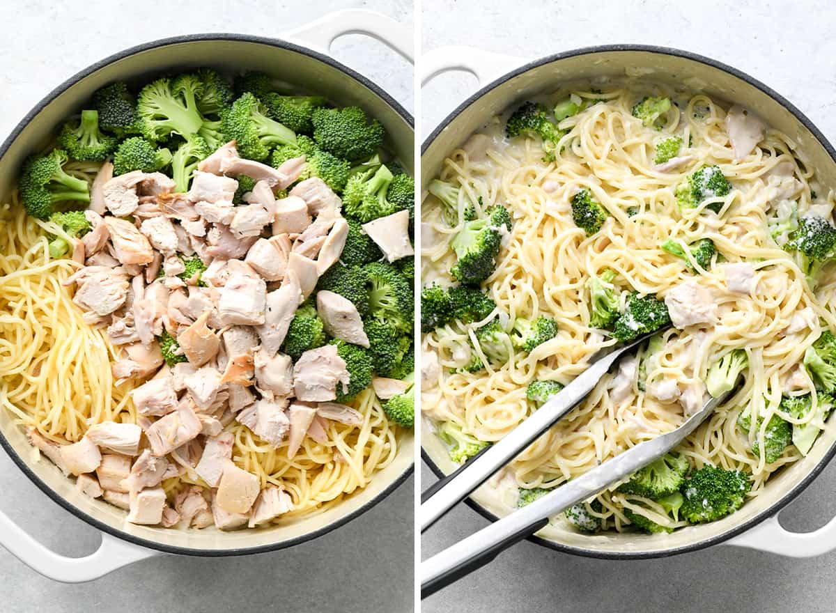 two photos showing how to make turkey tetrazzini - adding pasta, turkey and broccoli
