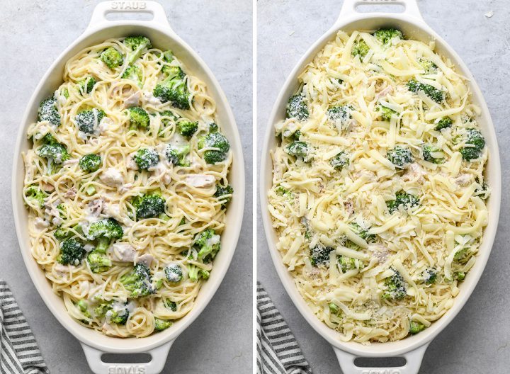 two photos showing how to make turkey tetrazzini - in a baking dish before baking