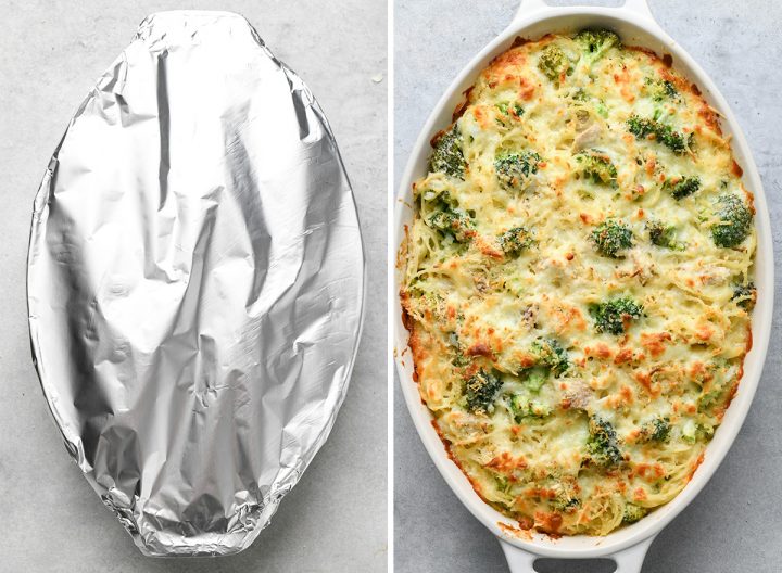 two photos showing how to make turkey tetrazzini - covered with foil and then after being baked