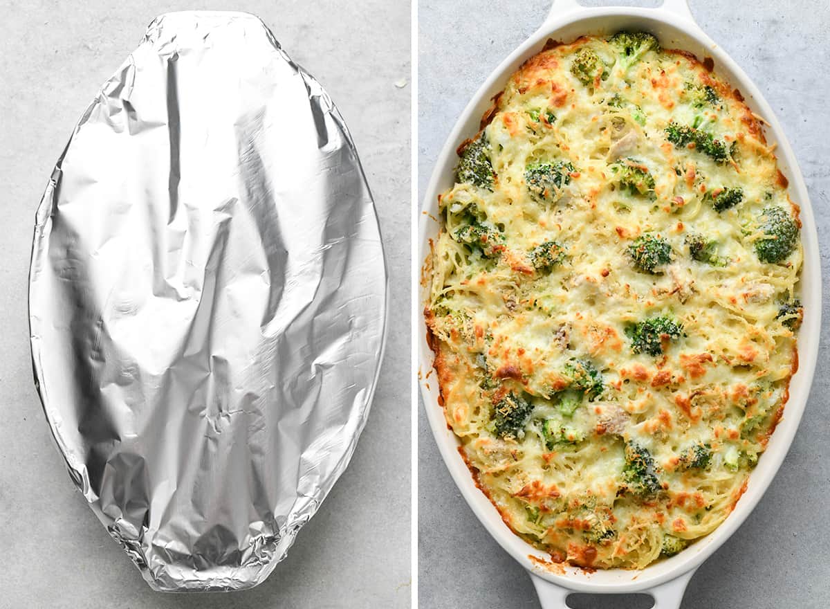 two photos showing how to make turkey tetrazzini - covered with foil and then after being baked