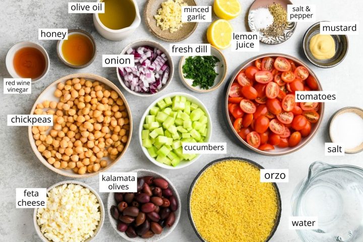 overhead view of the ingredients in this Greek Orzo Salad recipe