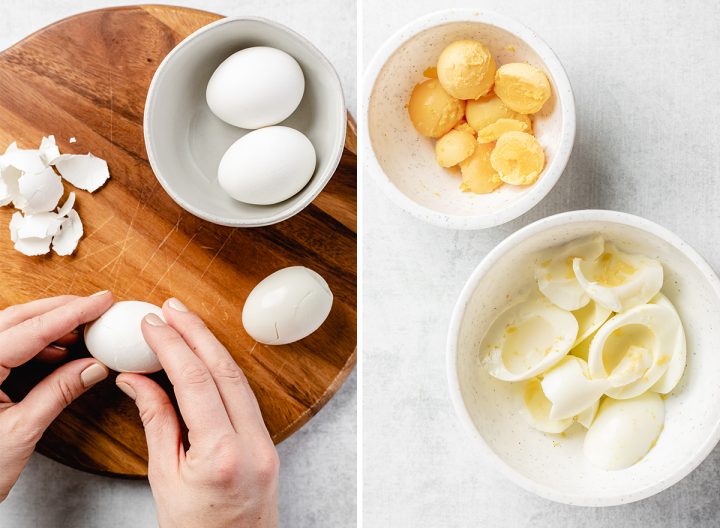 two photos showing how to peel eggs and separate yolks to make Avocado Egg Salad 