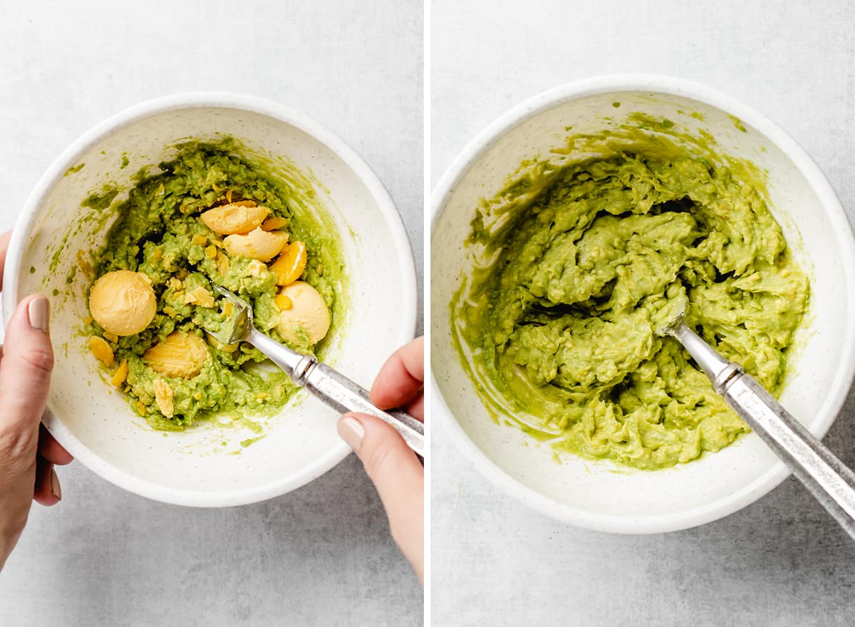 two photos showing how to make Avocado Egg Salad