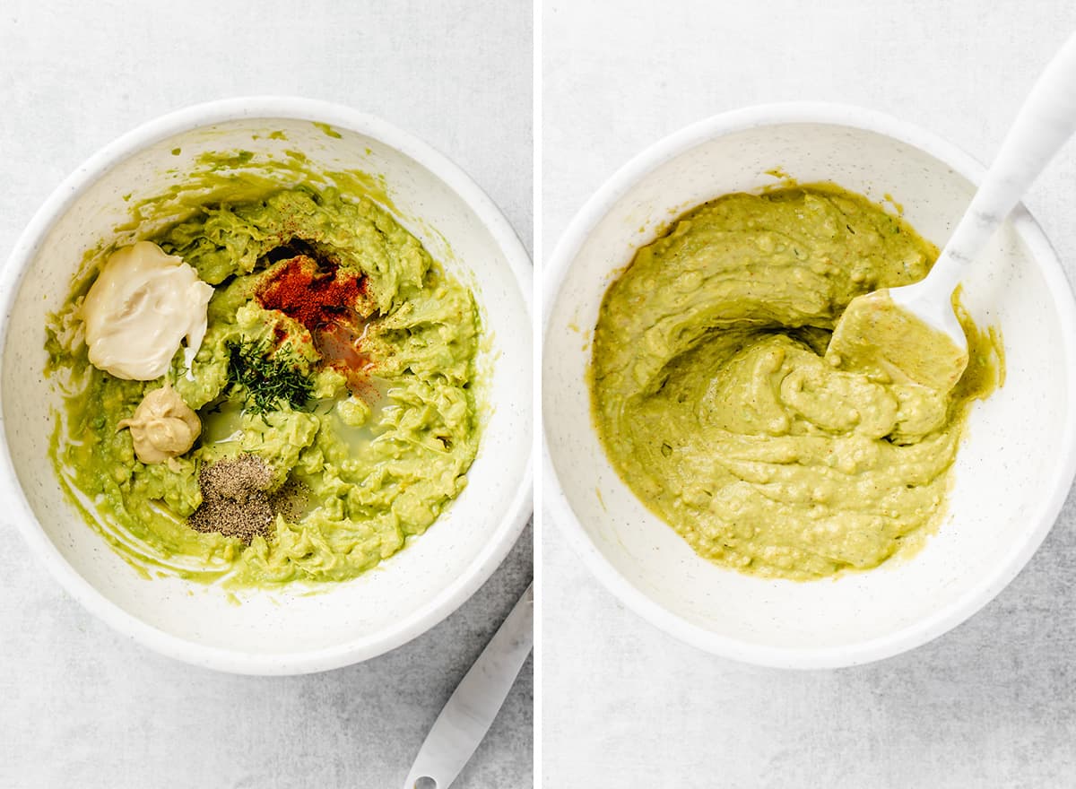 two photos showing how to make Avocado Egg Salad