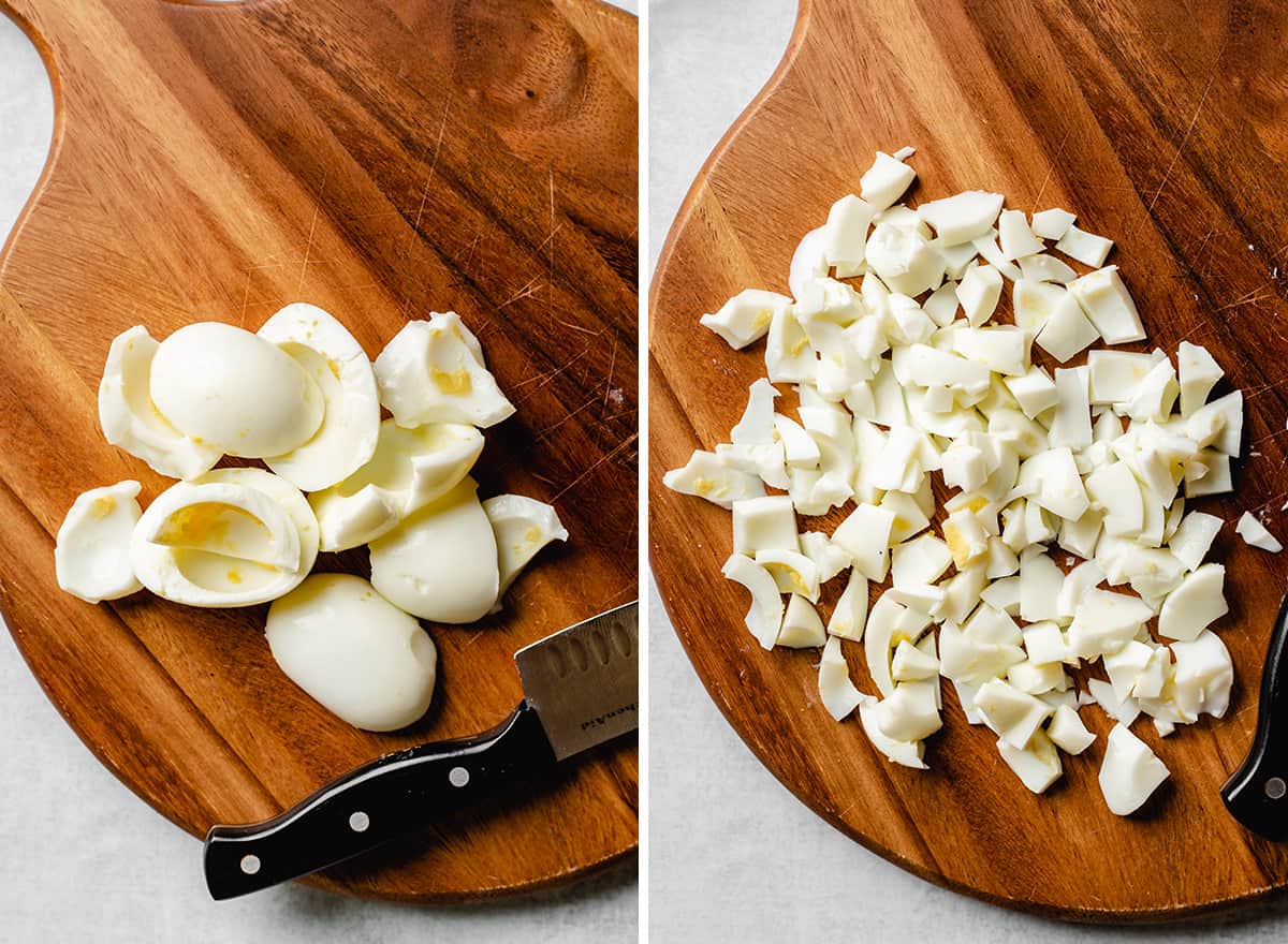 two photos showing how to chop hard boiled egg white to make this Avocado Egg Salad Recipe