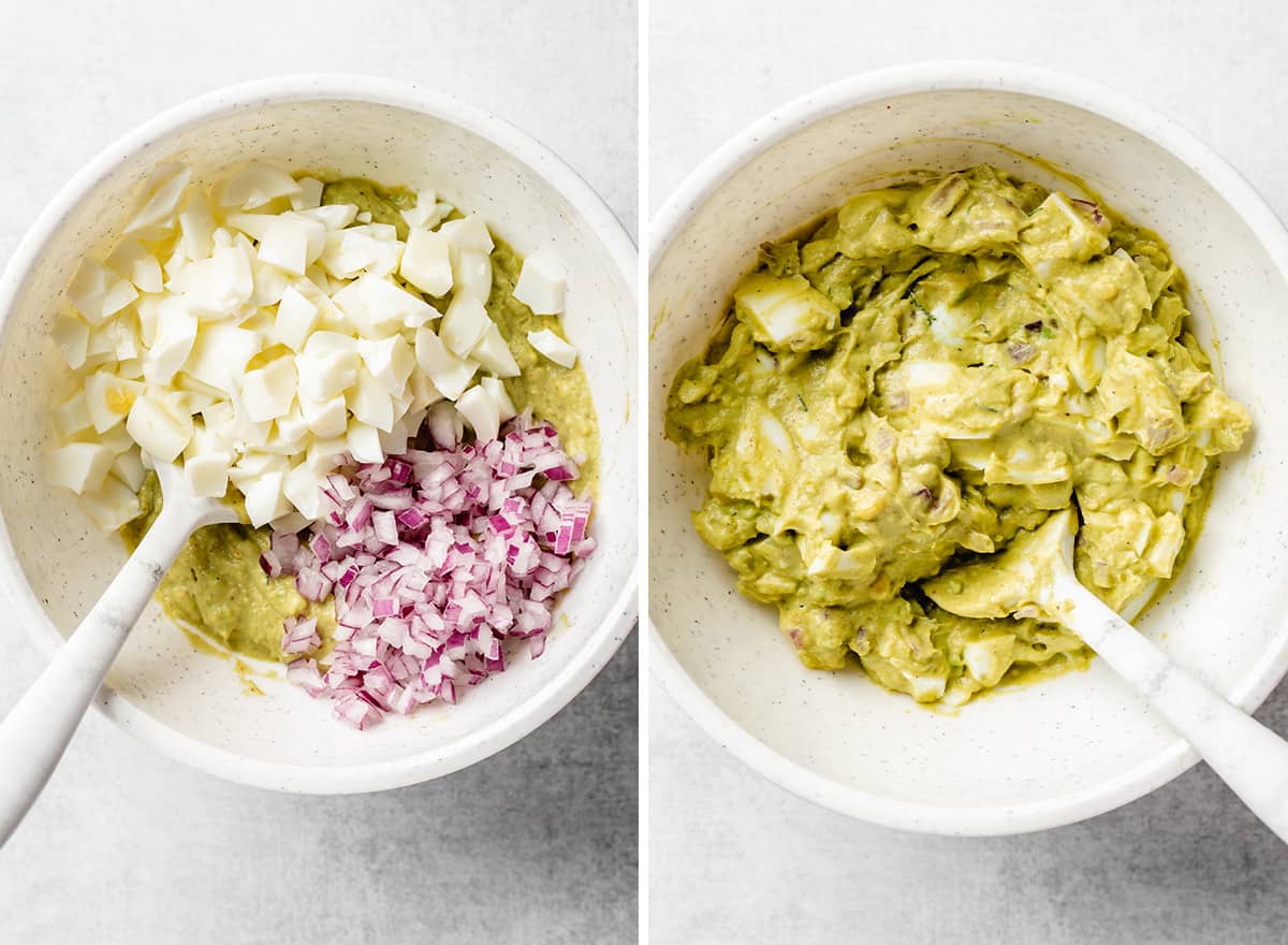 two photos showing how to make avocado egg salad