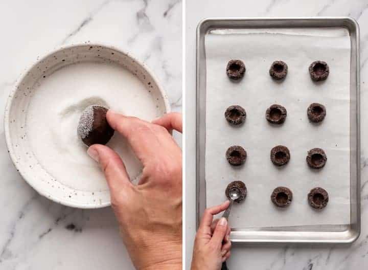 two photos showing how to make Chocolate Thumbprint Cookies - dipping in sugar and putting on baking sheet