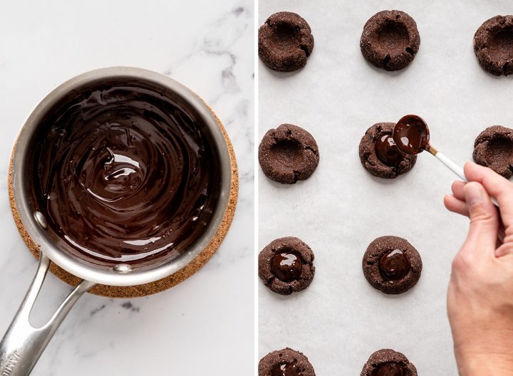 two photos showing adding the chocolate ganache to baked chocolate thumbprint cookies