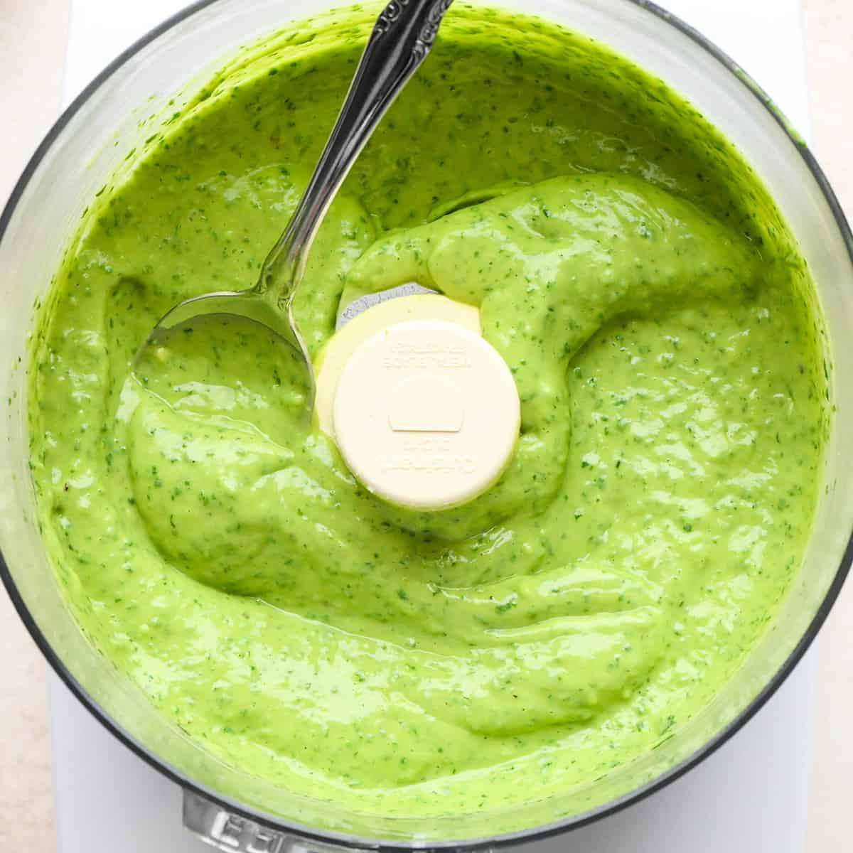 Cilantro Lime Avocado Dressing after being processed in a food processor