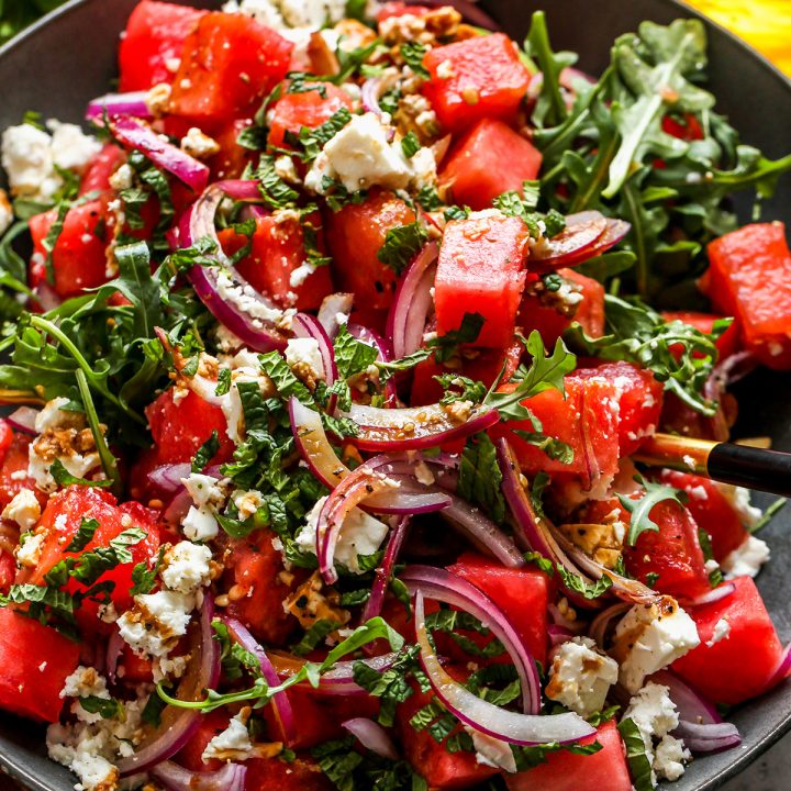 up close photo of Feta Watermelon Salad in a serving bowl