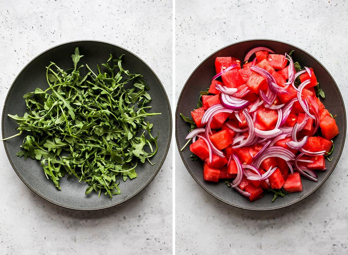 two photos showing how to make watermelon salad - arranging arugula, watermelon and onions. 