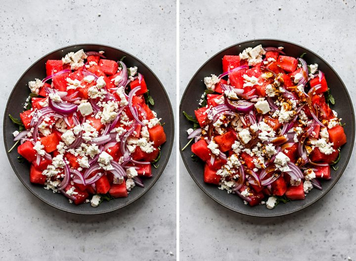two photos showing how to make watermelon salad - adding feta cheese and glaze