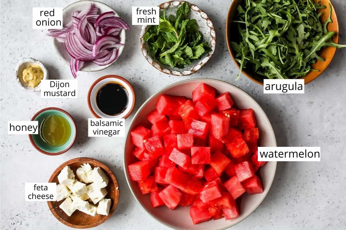 ingredients in this Feta Watermelon Salad recipe
