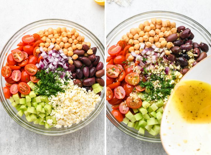 two photos showing how to assemble Greek orzo salad