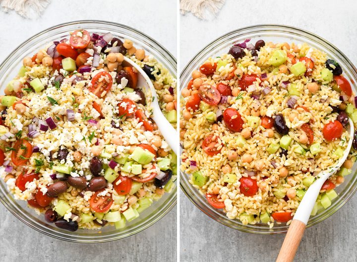 two photos showing how to assemble greek orzo salad