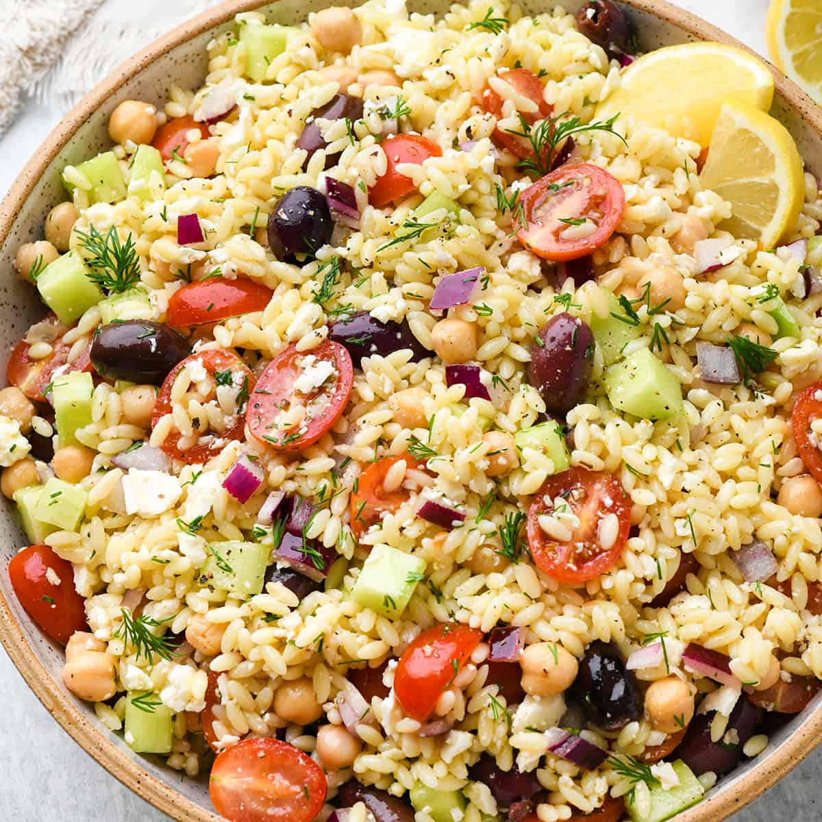 Greek Orzo Salad in a serving bowl