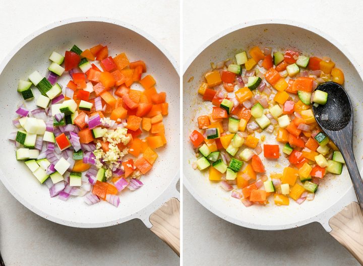 two photos showing How to Make An Omelet with vegetables