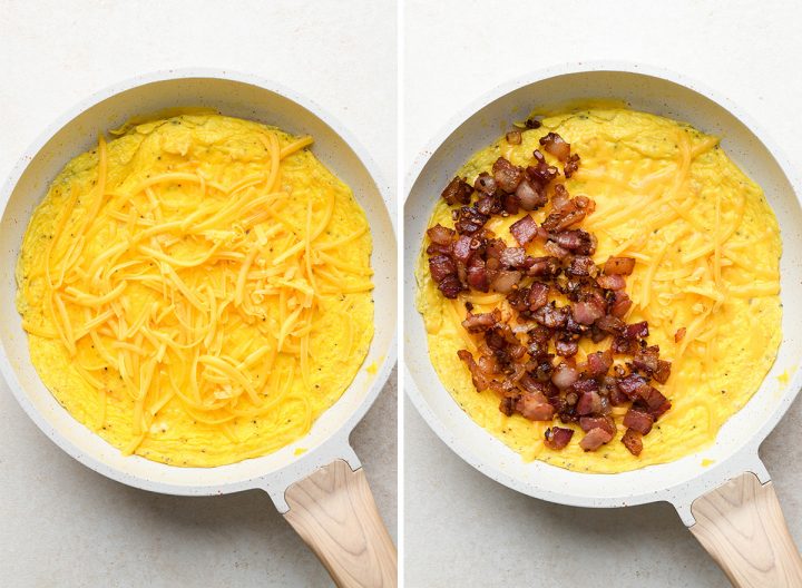 two photos showing How to Make An Omelet - filling with bacon, cheese and onions. 
