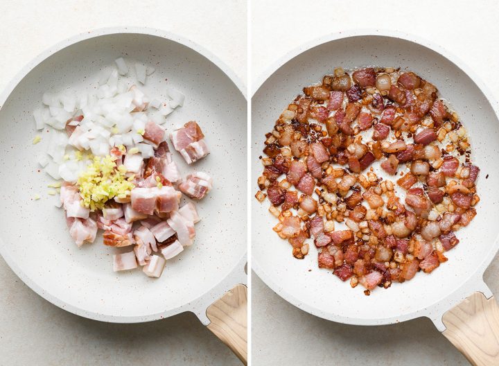 two phots showing How to Make An Omelet with  bacon and onion 