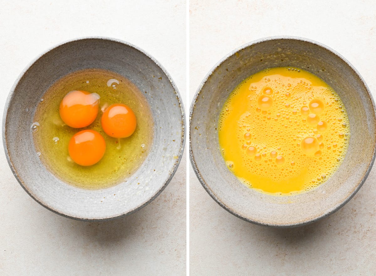 two photos showing How to Make An Omelet - whipping the eggs