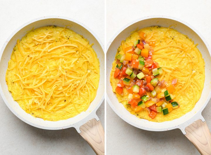 two photos showing How to Make An Omelet - filling with cheese and vegetables