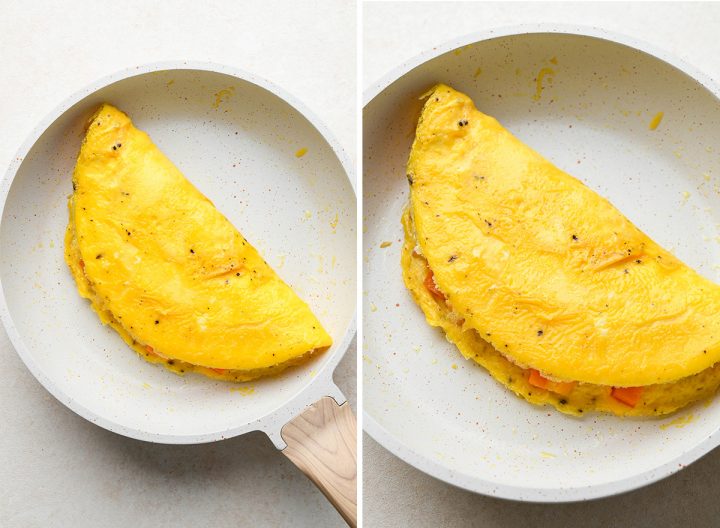 two photos showing folded omelettes in a pan 
