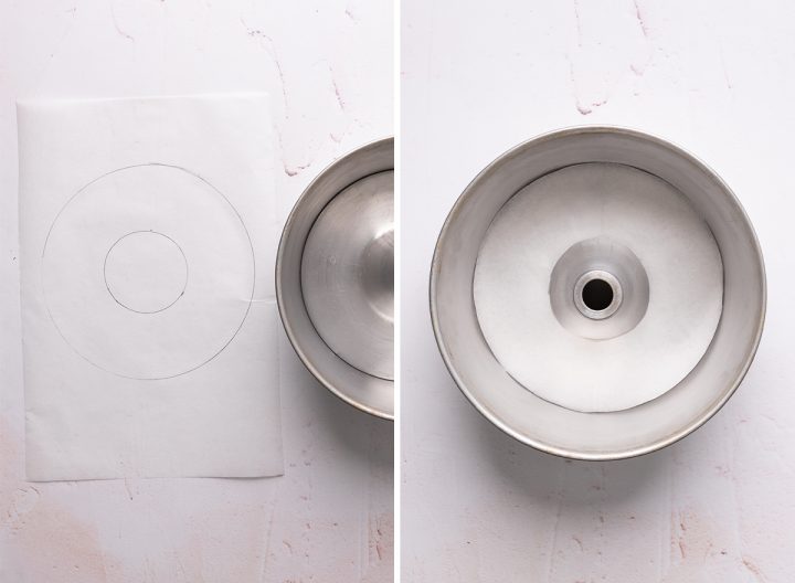 two photos showing How to Make Angel Food Cake - lining bottom of the pan with parchment paper