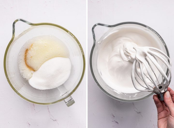 two photos showing How to Make Angel Food Cake - beating ingredients until soft peaks form