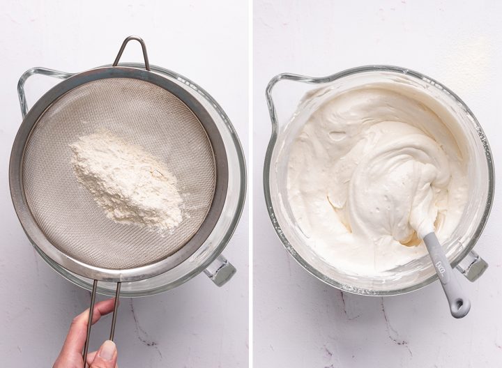 two photos showing How to Make Angel Food Cake - sifting flour into egg white mixture