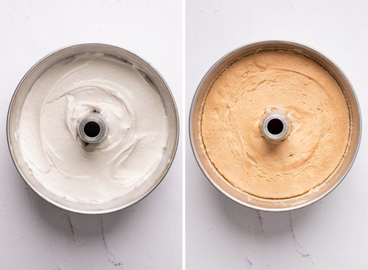 angel food cake in baking pan before and after baking