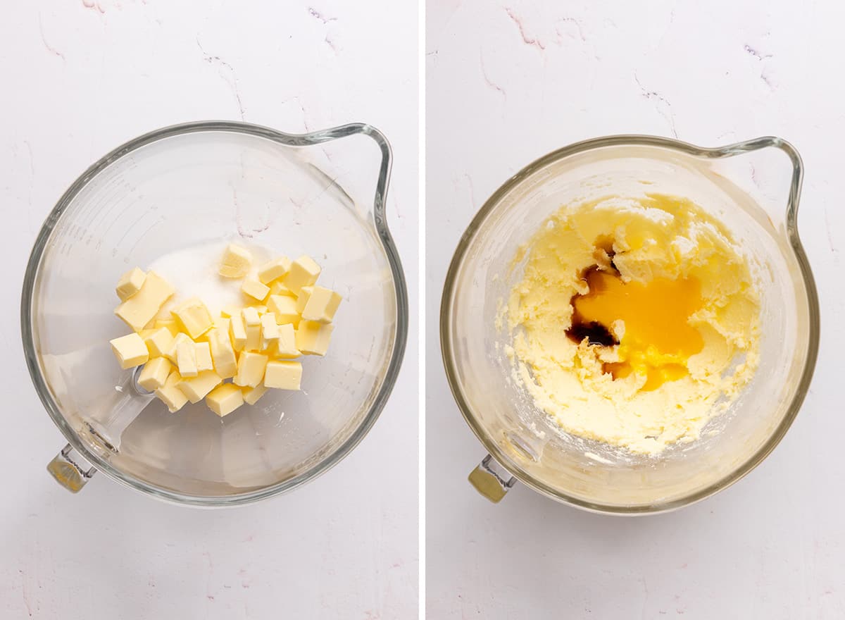 two photos showing How to Make Butter Cookies - beating butter & sugar, adding vanilla and egg. 