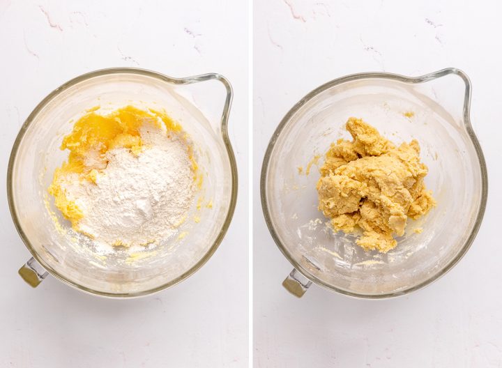 two photos showing How to Make Butter Cookies - combining wet and dry ingredients 
