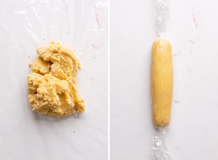 two photos showing How to Make Butter Cookies - rolling dough into a log. 