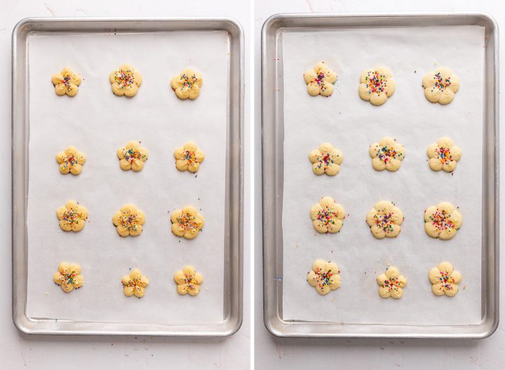 two photos showing butter cookies on a baking sheet before and after baking. 