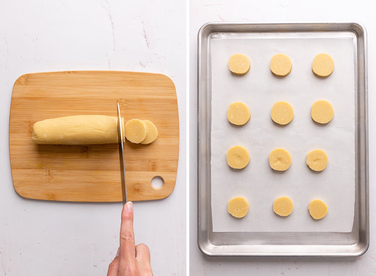 two photos showing slicing butter cookies dough into circles and putting on baking sheet